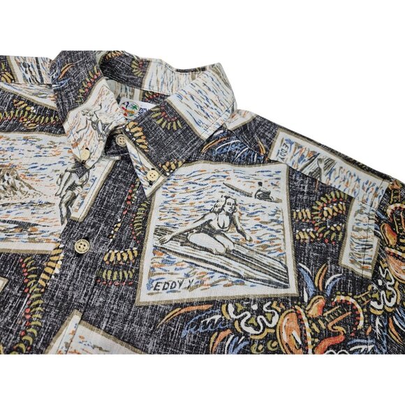 VTG Reyn Spooner Reverse Print Shirt AOP Men's Large Black Surfing Eddy Guitar - Picture 3 of 13